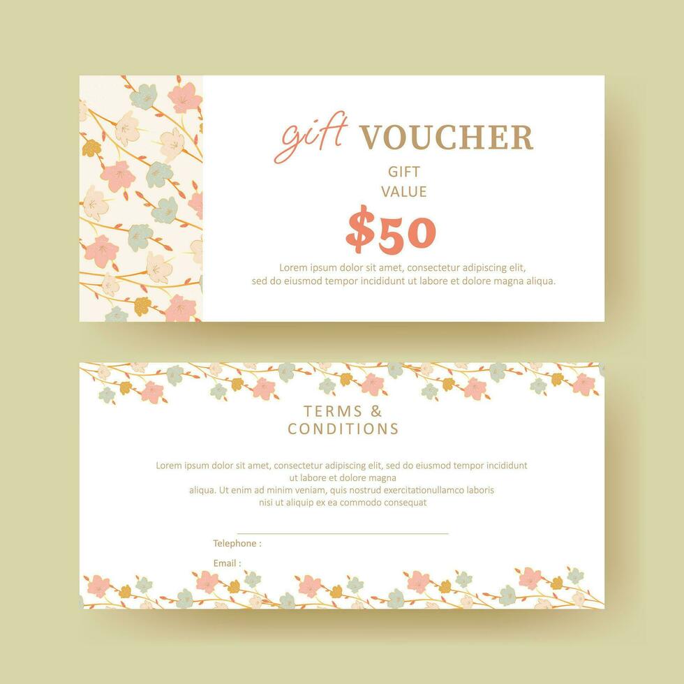 geschenk bon. coupon sjabloon met wijnoogst bloem decoratie. elegant esthetisch ontwerp. mooi zo voor boetiek, sieraden, bloemen winkel, schoonheid salon, spa, mode, folder, banier ontwerp. vector