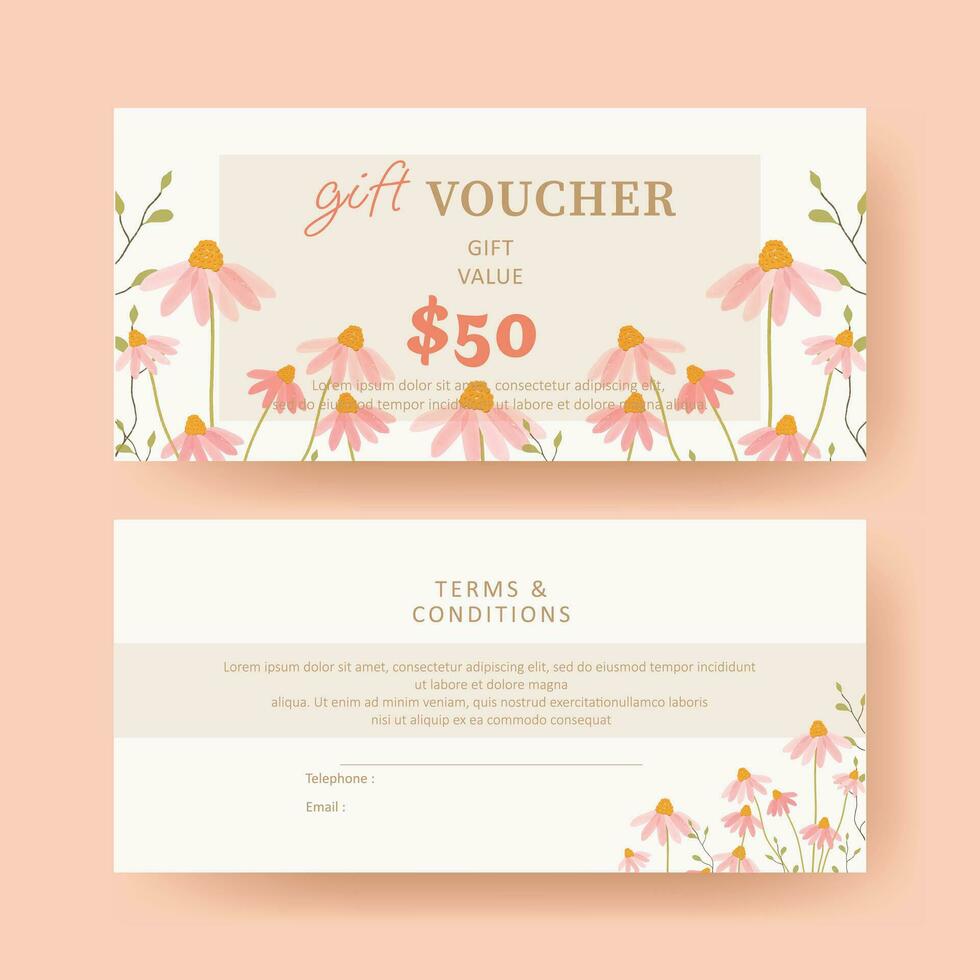 geschenk bon. coupon sjabloon met waterverf roze madeliefje bloem decoratie. elegant esthetisch ontwerp. mooi zo voor boetiek, sieraden, bloemen winkel, schoonheid salon, spa, mode, folder, banier ontwerp. vector