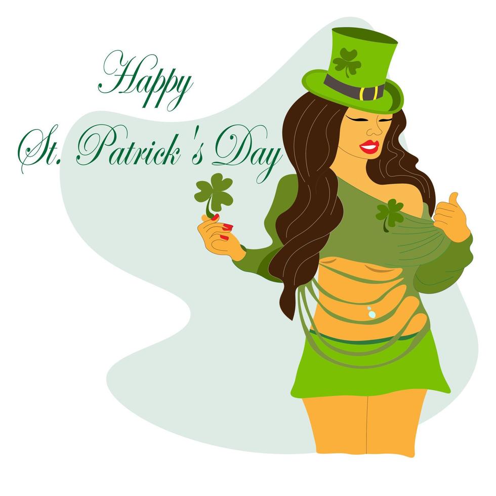 sexy meisje in groene hoed en pak lacht, knipoogt, klaver. NS. Patrick's dag vector