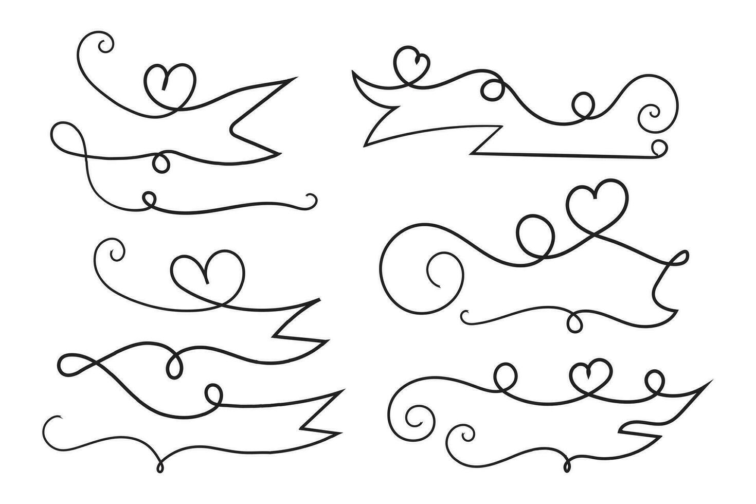 valentijnsdag dag gekruld harten stijl schoonschrift schets lint, hand- tekening kalligrafische hart lint vector banier, decoratief harten romantisch liefde tekst banier, hart rol lijn schets lint