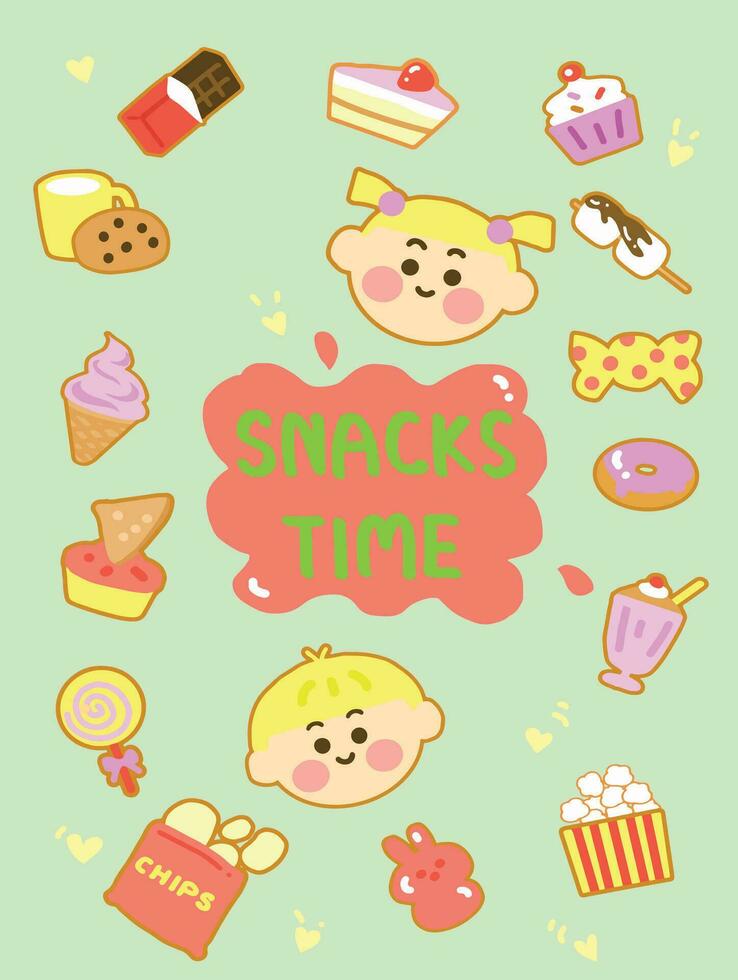 jongen en meisje met snacks icoon reeks , schattig tekenfilm stijl vector