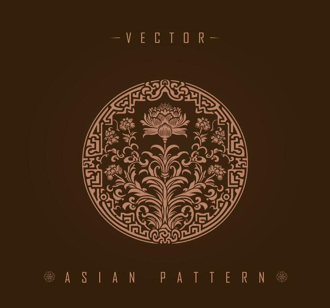 overladen circulaire Aziatisch patroon met lotus en gebladerte motieven vector