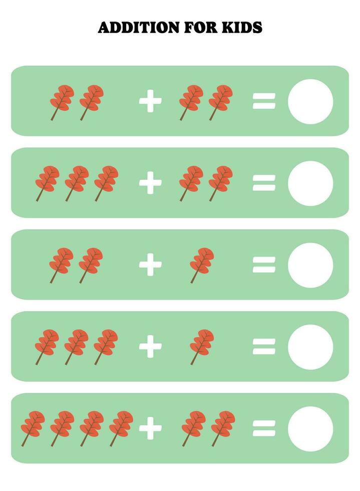 toevoeging bladzijde voor kinderen. leerzaam wiskunde spel voor kinderen met blad. afdrukbare werkblad ontwerp. aan het leren wiskundig. vector