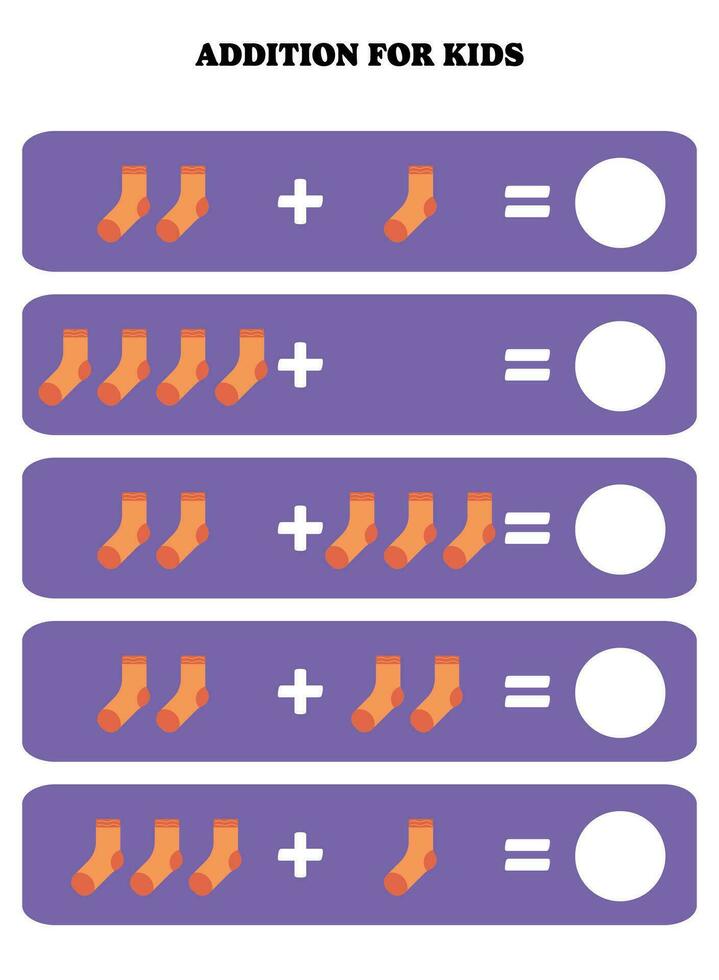 toevoeging bladzijde voor kinderen. leerzaam wiskunde spel voor kinderen met sok. afdrukbare werkblad ontwerp. aan het leren wiskundig. vector