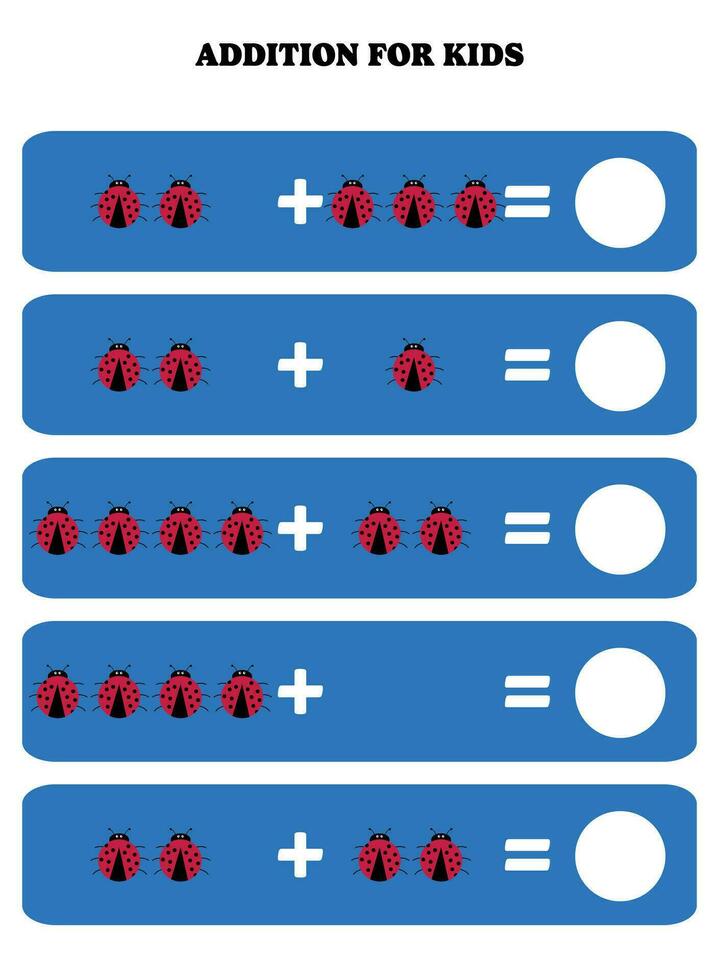 toevoeging bladzijde voor kinderen. leerzaam wiskunde spel voor kinderen met lieveheersbeestje of lieveheersbeestje. afdrukbare werkblad ontwerp. aan het leren wiskundig. vector