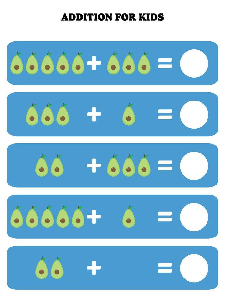 toevoeging bladzijde voor kinderen. leerzaam wiskunde spel voor kinderen met avocado. afdrukbare werkblad ontwerp. aan het leren wiskundig. vector