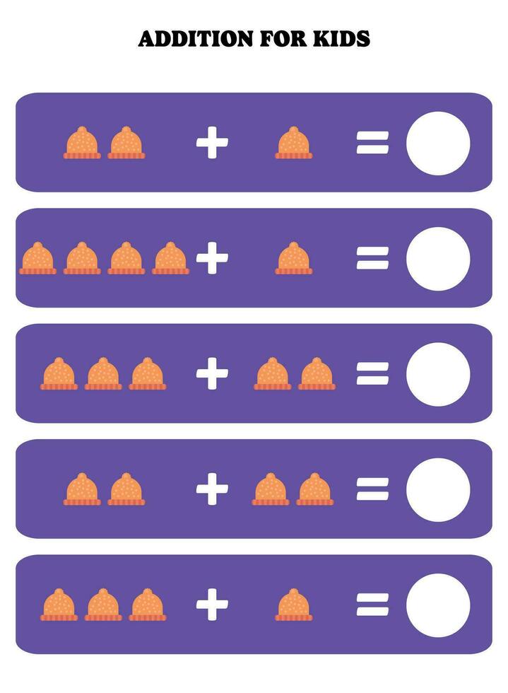 toevoeging bladzijde voor kinderen. leerzaam wiskunde spel voor kinderen met hoed. afdrukbare werkblad ontwerp. aan het leren wiskundig. vector