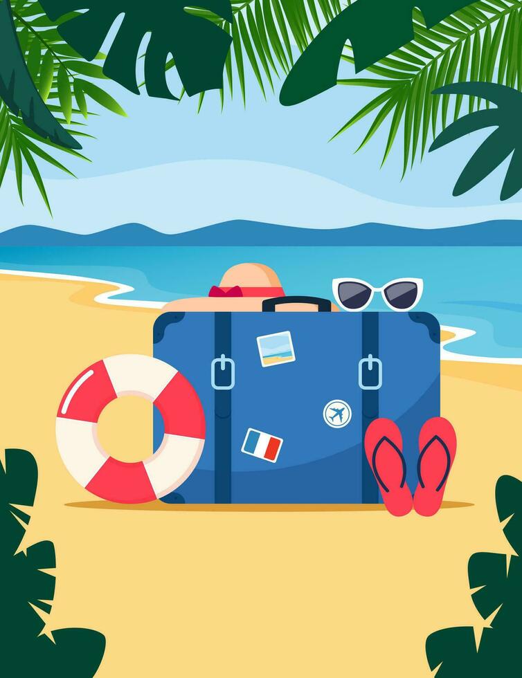 retro reizen koffer Aan tropisch strand. strand hoed, zonnebril, opblaasbaar cirkel, rubber strand slippers. reizen concept. zomer vakantie. vector illustratie.