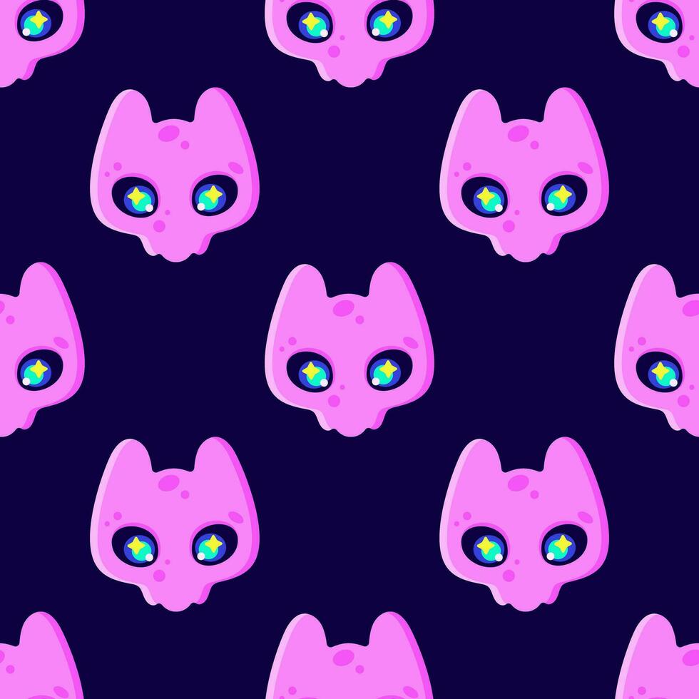 roze kat schedel met gloeiend ogen. halloween decoraties. neon helder kleuren. koel donker tekenfilm naadloos vector patroon achtergrond voor textiel, kleding stof, behang, inpakken.