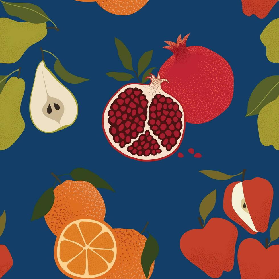fruit vector naadloos patroon. oppervlakte ontwerp met granaatappel, appel, Peer, en oranje Aan een wit achtergrond. modern abstract achtergrond voor verpakking, papier, omslag, kleding stof, interieur decor, enz.