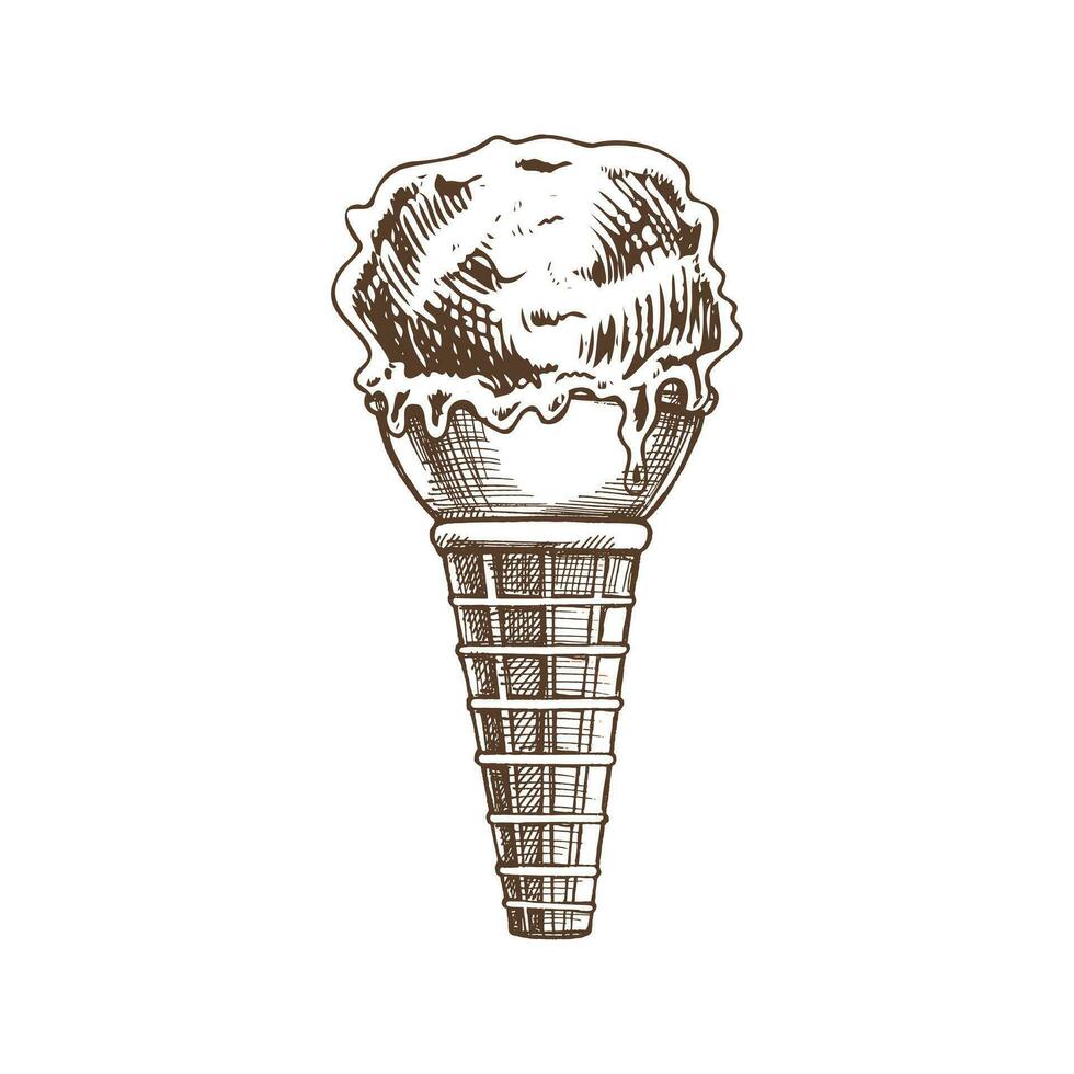 een hand getekend schetsen van een wafel ijshoorntje met bevroren yoghurt of zacht ijs room. wijnoogst illustratie. element voor de ontwerp van etiketten, verpakking en ansichtkaarten. vector