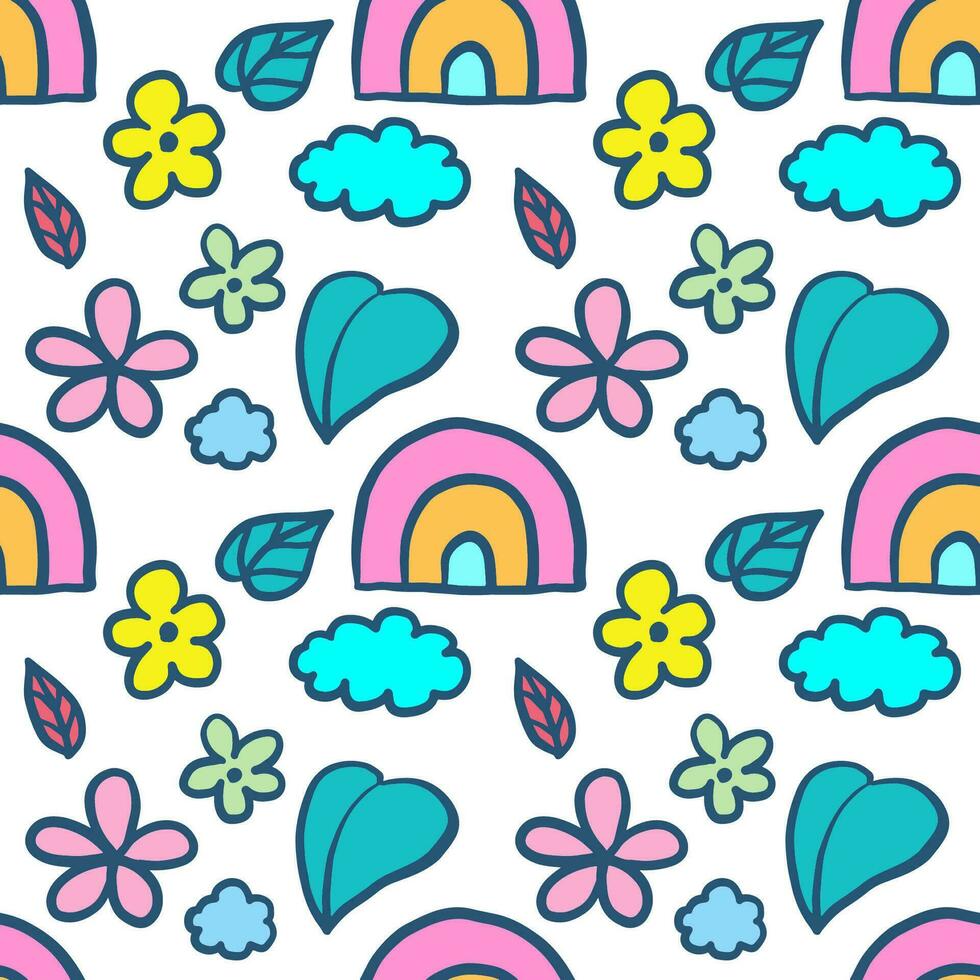 hand- getrokken schattig regenbogen en bloemen tekening tekenfilm illustratie naadloos patroon vector