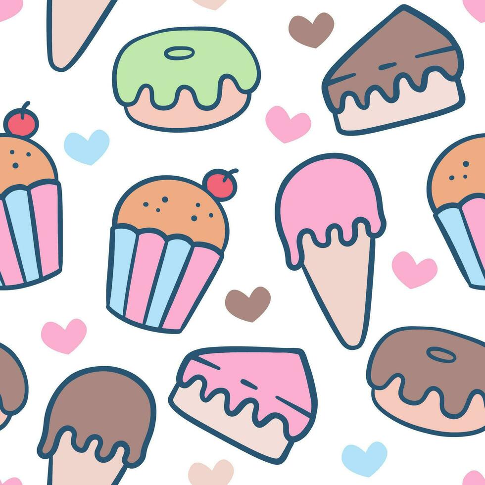 hand- getrokken schattig donuts, ijs room en cakes tekening tekenfilm naadloos patroon vector