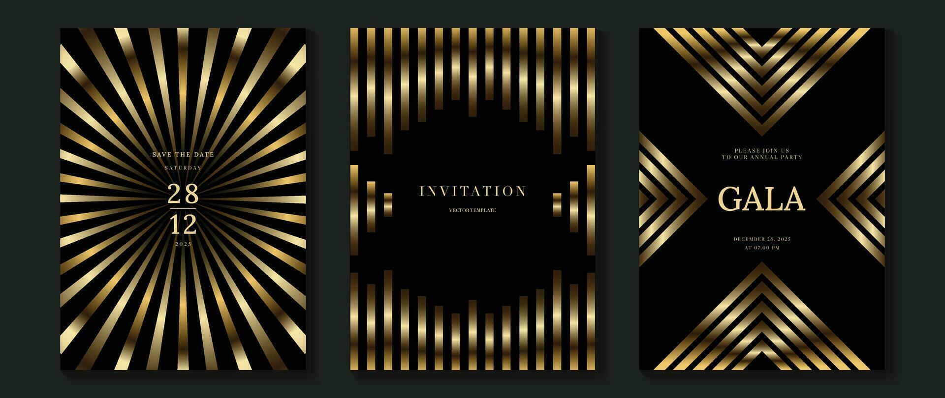 luxe uitnodiging kaart achtergrond vector. gouden elegant meetkundig patroon, helling goud lijn Aan donker achtergrond. premie ontwerp illustratie voor bruiloft en vip Hoes sjabloon, groots opening, gala. vector