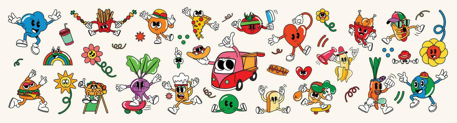 mega reeks van jaren 70 groovy element vector. verzameling van tekenfilm karakters, tekening glimlach gezicht, voedsel vrachtwagen, Hamburger, hart, bloem, pizza, wereld. schattig retro groovy hippie ontwerp voor decoratief, sticker. vector