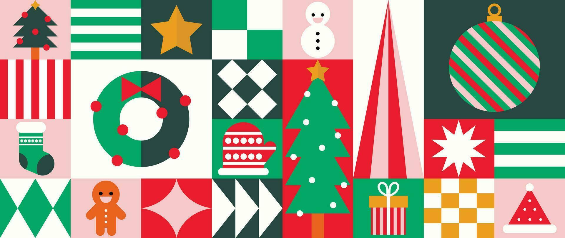 vrolijk Kerstmis en gelukkig nieuw jaar patroon achtergrond vector. decoratief elementen van ontbijtkoek, lauwerkrans, boom, sneeuwman, handschoen. ontwerp voor banier, kaart, poster, reclame.wallpaper, verpakking. vector