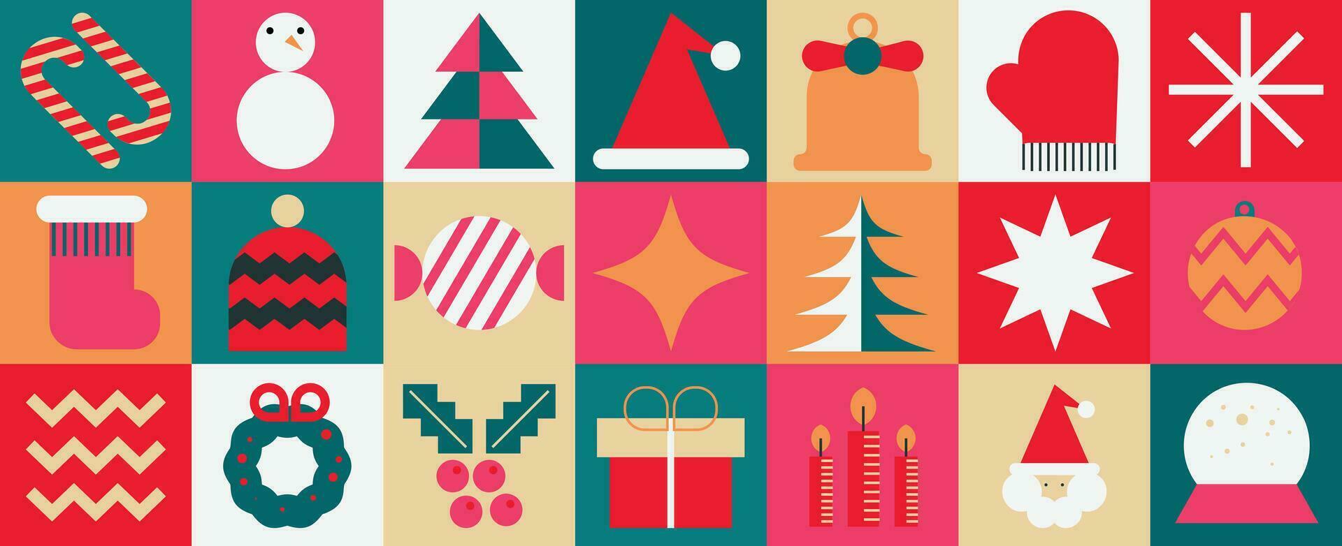 vrolijk Kerstmis en gelukkig nieuw jaar patroon achtergrond vector. decoratief elementen van sneeuwvlok, sneeuwman, klok, de kerstman, lauwerkrans. ontwerp voor banier, kaart, omslag, poster, reclame.wallpaper, verpakking. vector