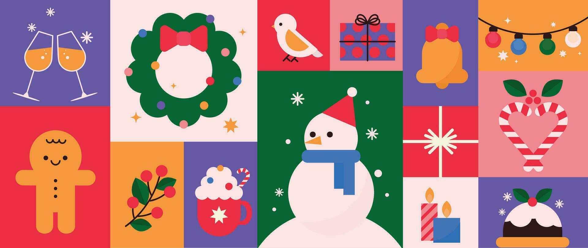 vrolijk Kerstmis en gelukkig nieuw jaar patroon achtergrond vector. decoratief elementen van sneeuwman, klok, lauwerkrans, ontbijtkoek, vogel. ontwerp voor banier, kaart, omslag, poster, reclame.wallpaper, verpakking. vector