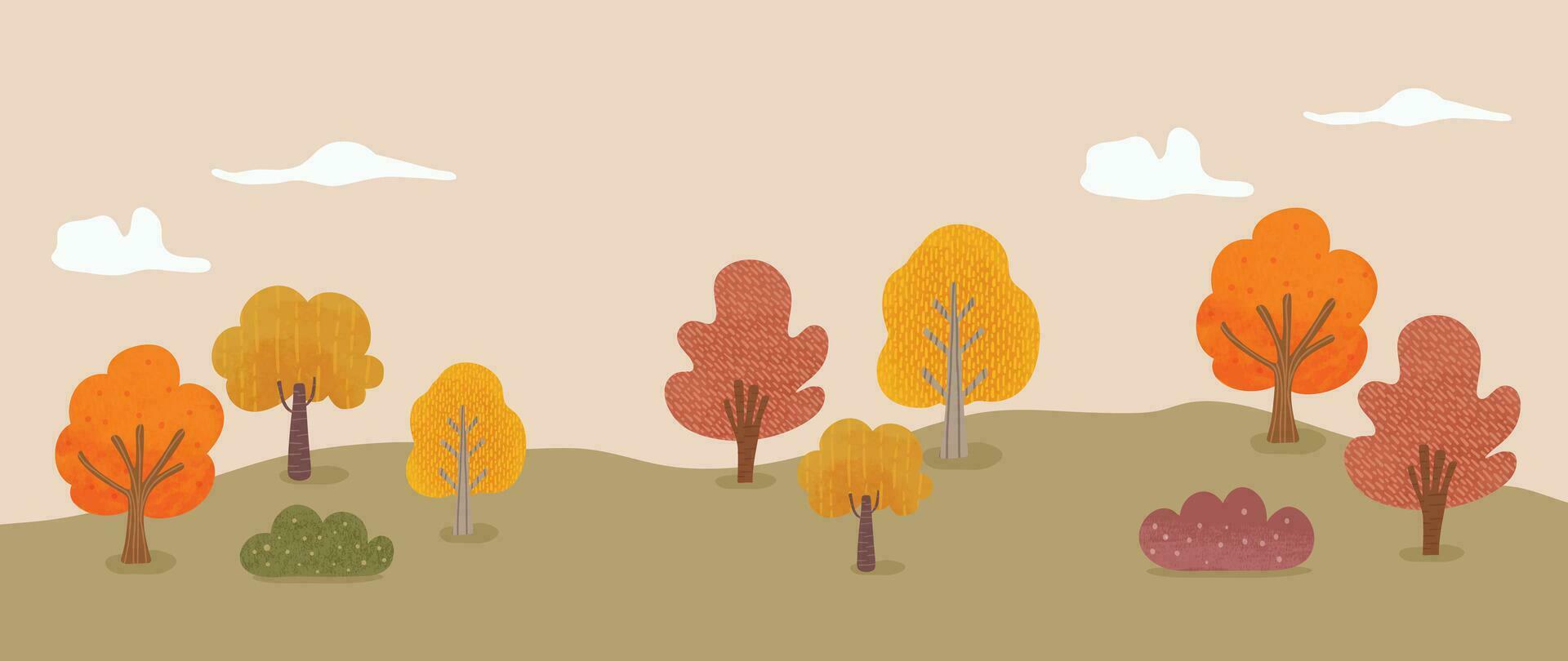 herfst en land landschap achtergrond. seizoensgebonden illustratie vector van berg, heuvel, gras, boom, wolk met waterverf, borstel textuur. ontwerp voor voor Promotie, reclame, banier, kaart.