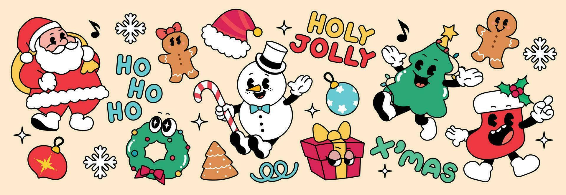 vrolijk Kerstmis jaren 70 groovy element vector. verzameling van tekenfilm karakters, tekening glimlach gezicht, de kerstman, sneeuwman, lauwerkrans, Kerstmis boom, geschenk. schattig retro groovy hippie ontwerp voor decoratief, sticker. vector