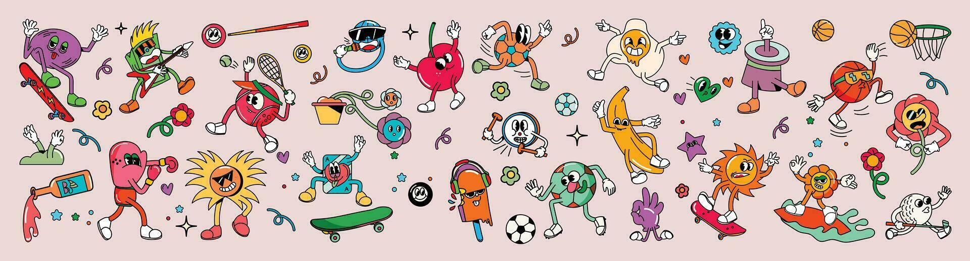 mega reeks van jaren 70 groovy element vector. verzameling van tekenfilm karakters, tekening glimlach gezicht, boksen, zon, skateboard, banaan, bloem, Amerikaans voetbal. schattig retro groovy hippie ontwerp voor decoratief, sticker. vector