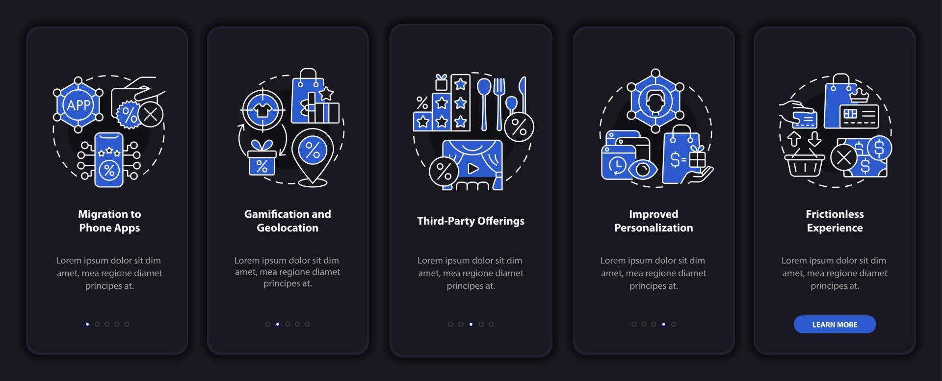 loyaliteitsprogramma's trends donkere onboarding mobiele app paginascherm vector