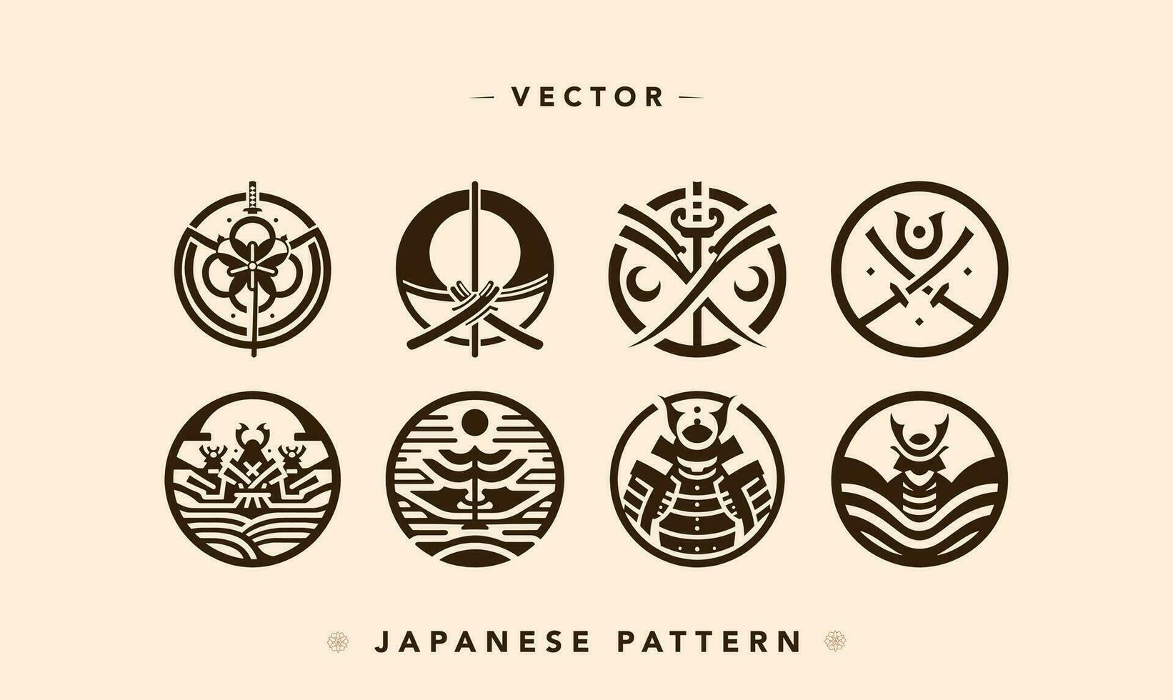 gestileerde samurai en shinto vector pictogrammen