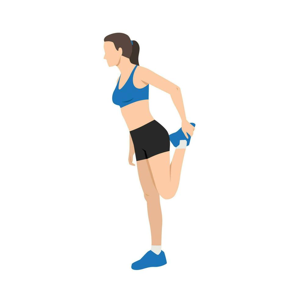 vrouw aan het doen quadriceps rekken, koel naar beneden oefening. balans houding, flexibiliteit verbetering. vector