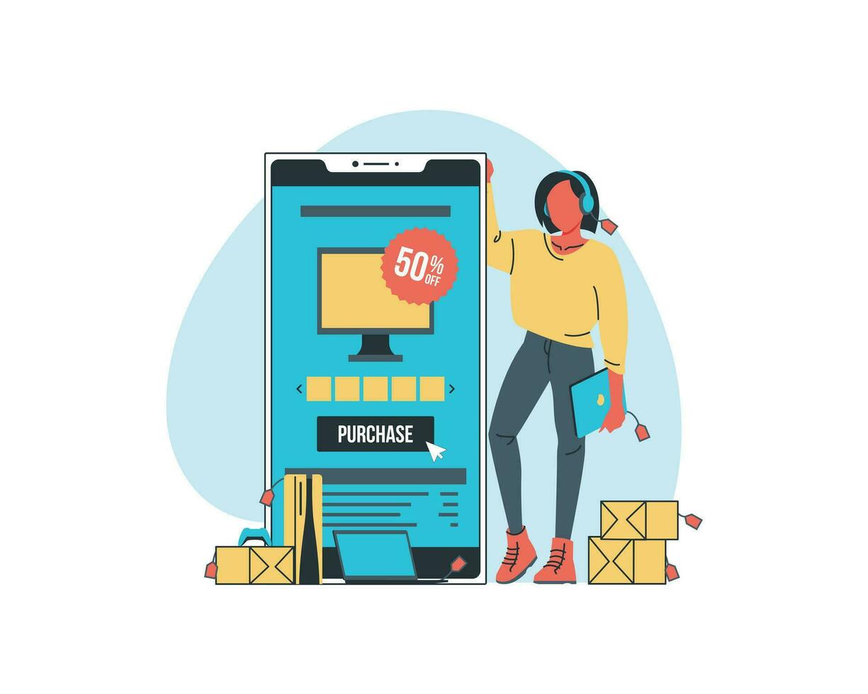 online boodschappen doen concept. vlak vector illustratie van een vrouw met een smartphone in haar handen.