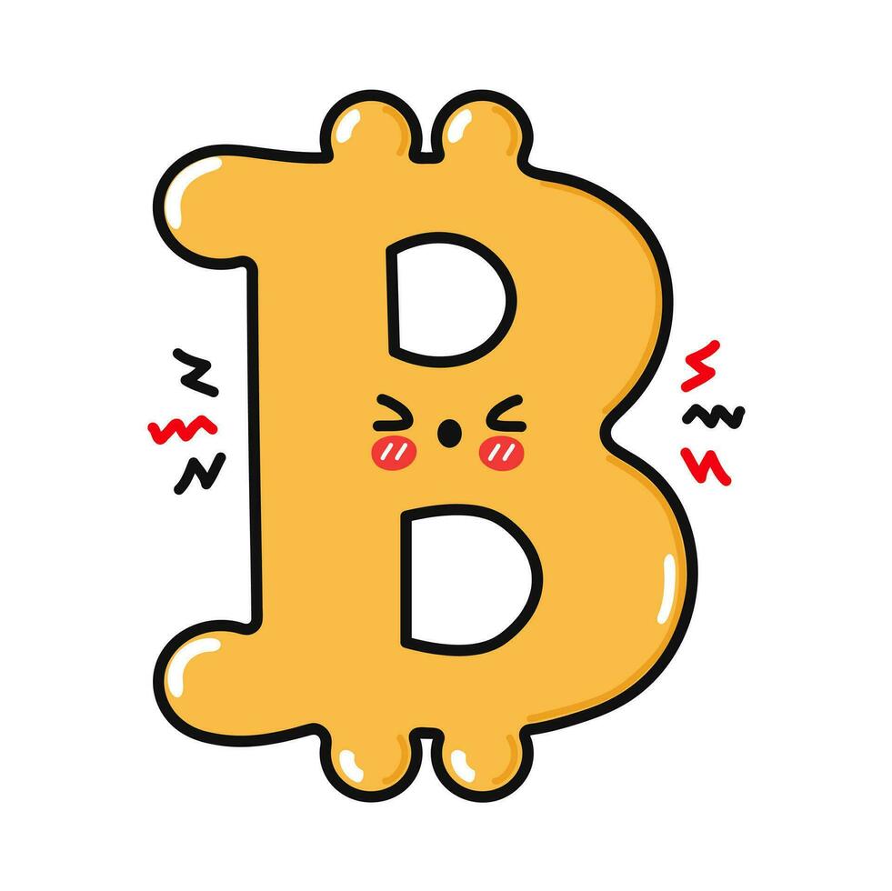 boos bitcoin karakter. vector hand- getrokken tekenfilm kawaii karakter illustratie icoon. geïsoleerd Aan wit achtergrond. verdrietig bitcoin teken karakter concept