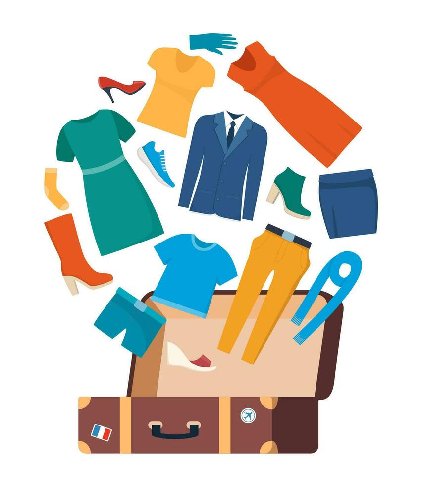veel van verschillend kleren en koffer. inpakken bagage voor bedrijf reis of vakantie. kleren en reizen tas. vector illustratie.