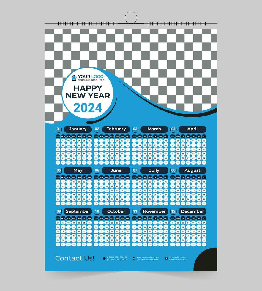 modern professioneel 2024 muur kalender ontwerp, 1 bladzijde hoge kwaliteit drukklare kalender vector sjabloon
