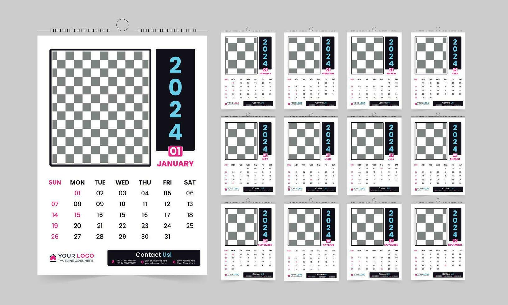 modern professioneel 2024 muur kalender ontwerp, 12 bladzijde hoge kwaliteit drukklare kalender vector sjabloon