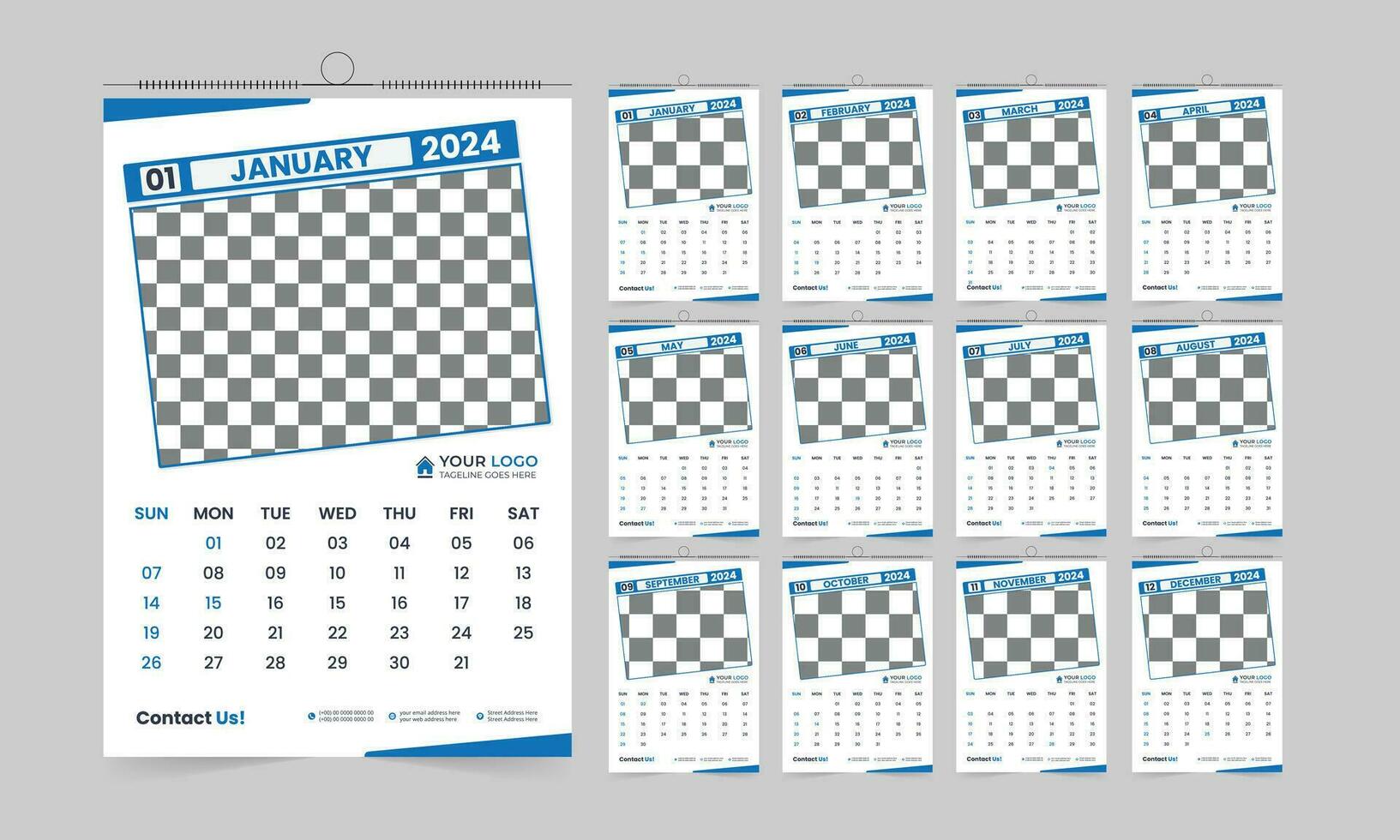 modern professioneel 2024 muur kalender ontwerp, 12 bladzijde hoge kwaliteit drukklare kalender vector sjabloon