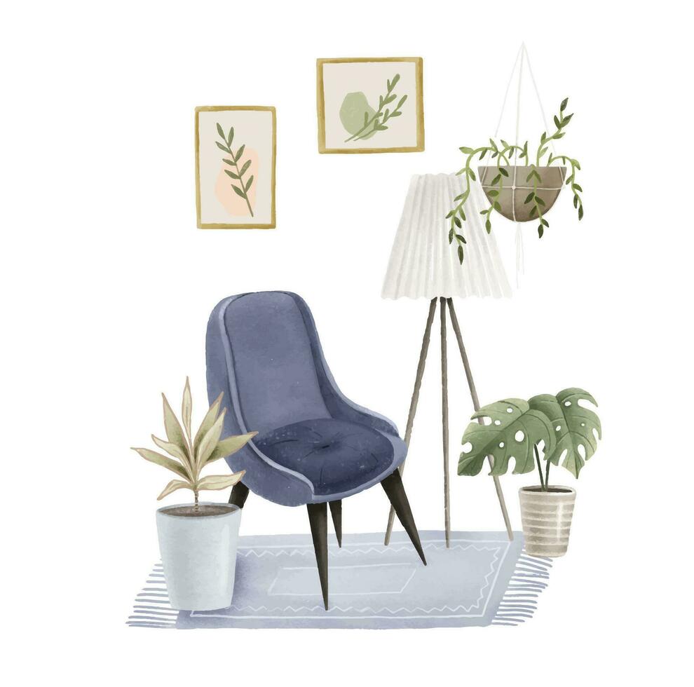 blauw modern interieur van leven kamer met blauw fauteuil, wit fl vector