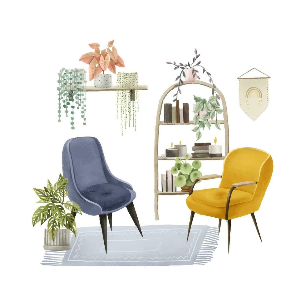 blauw modern interieur van leven kamer met blauw fauteuil, wit fl vector