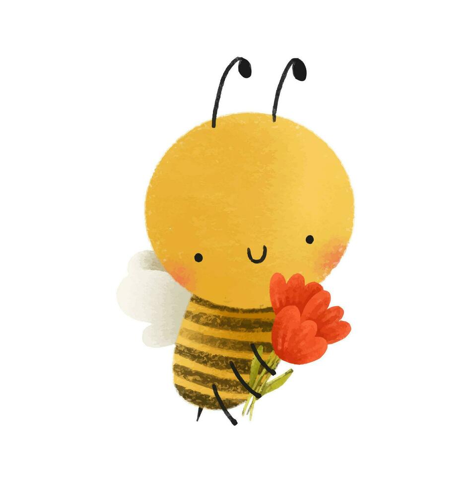grappig honing bij met tulp boeketten. weinig voorjaar insect vector