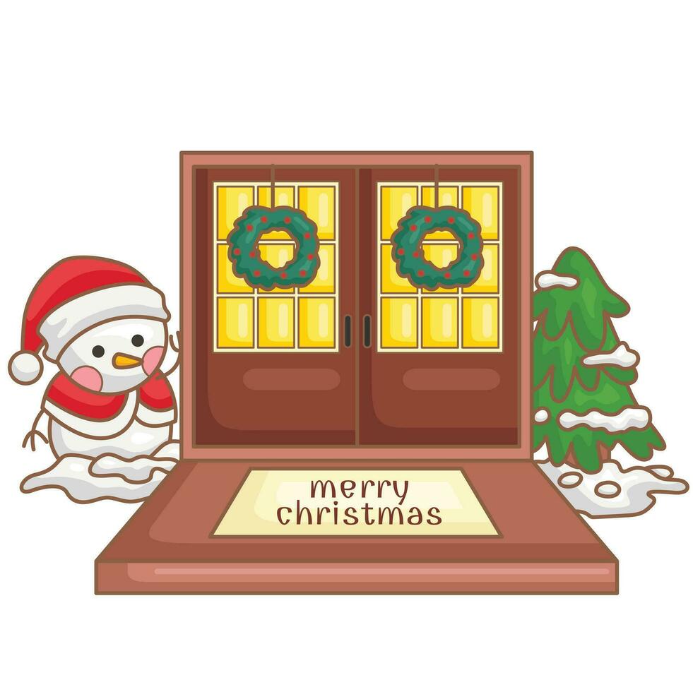 sneeuwman deur Kerstmis decoratie achtergrond tekenfilm illustratie vector clip art sticker