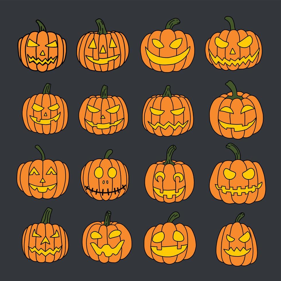 eenvoud halloween pompoen collectie uit de vrije hand tekenen plat ontwerp. vector