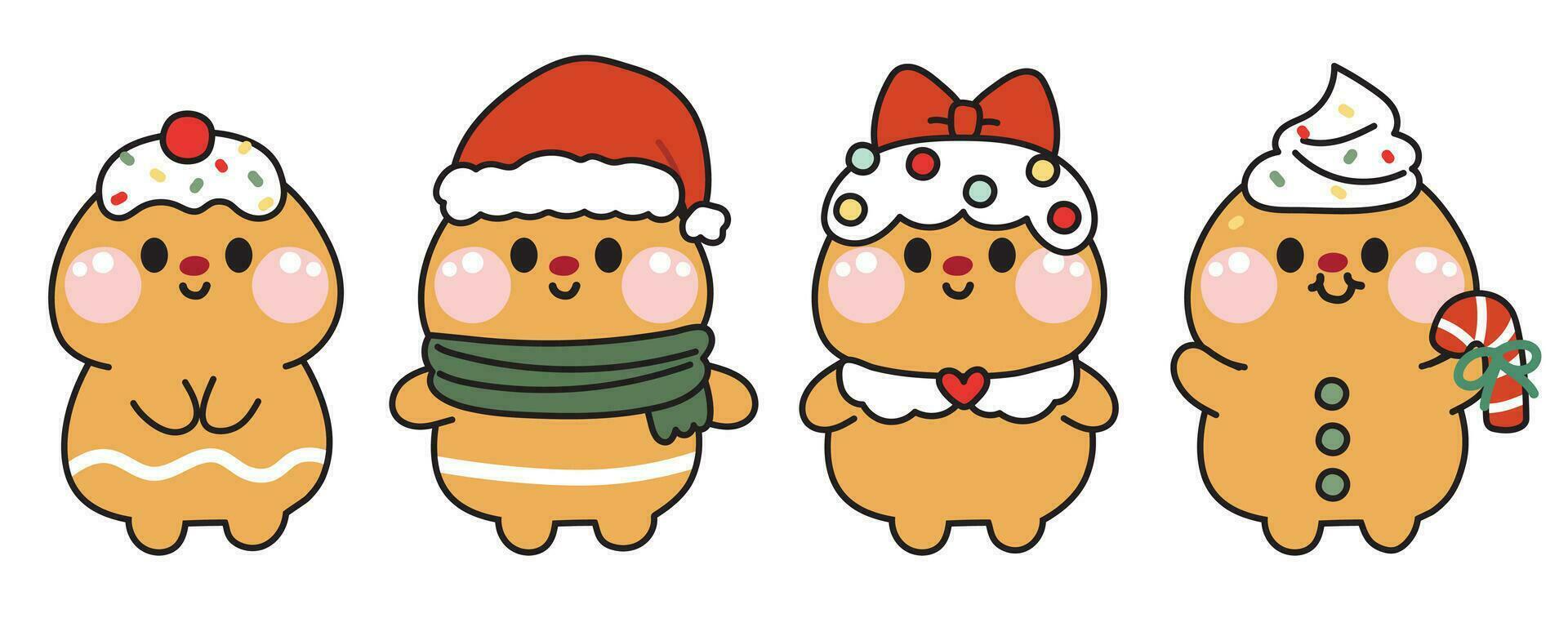 reeks van schattig peperkoek in divers poseson wit background.merry Kerstmis concept.santa.zoet, dessert, snoep hand- getrokken.winter.kawaii.vector.illustratie. vector