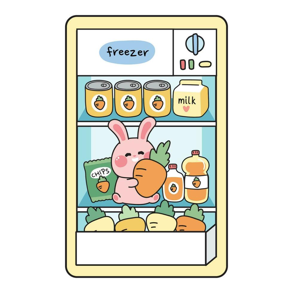 schattig konijn in koelkast met wortel tekenfilm.dier karakter ontwerp. eten, groente, drinken hand- getrokken.freezer.easter.kawaii.vetor.illustration. vector