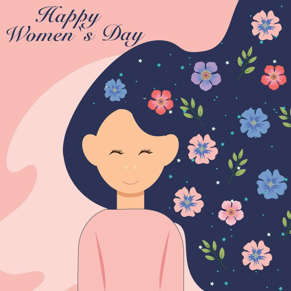 gelukkig vrouwen dag. groet kaart, poster, sjabloon. vrouw met voorjaar bloemen in haar. voorjaar achtergrond, omslag, uitverkoop banier, folder ontwerp. sjabloon voor reclame, web, sociaal netwerken. vector