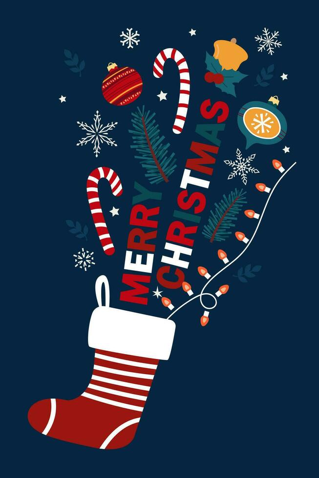 vrolijk kerstmis. ansichtkaart met verschillend elementen. schattig hand- getrokken illustratie. vector