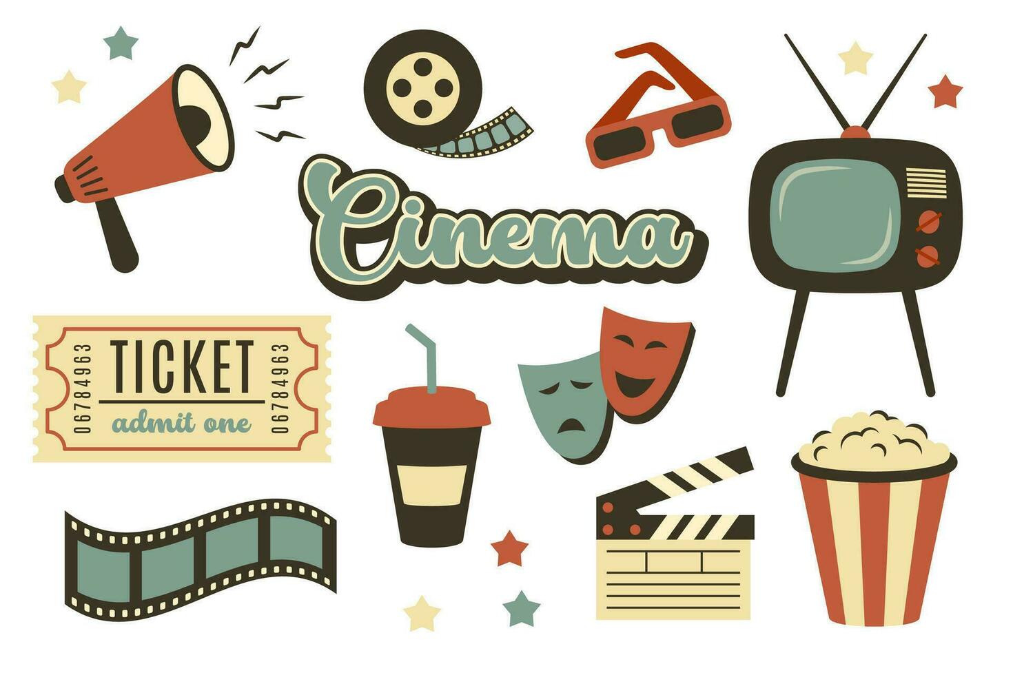 reeks van oud retro bioscoop uitrusting met divers cinematografisch elementen. tekening hand- getrokken bioscoop voorwerpen geïsoleerd. luidspreker, popcorn, klepel, ticket, bril, TV, maskers. vector vlak illustratie