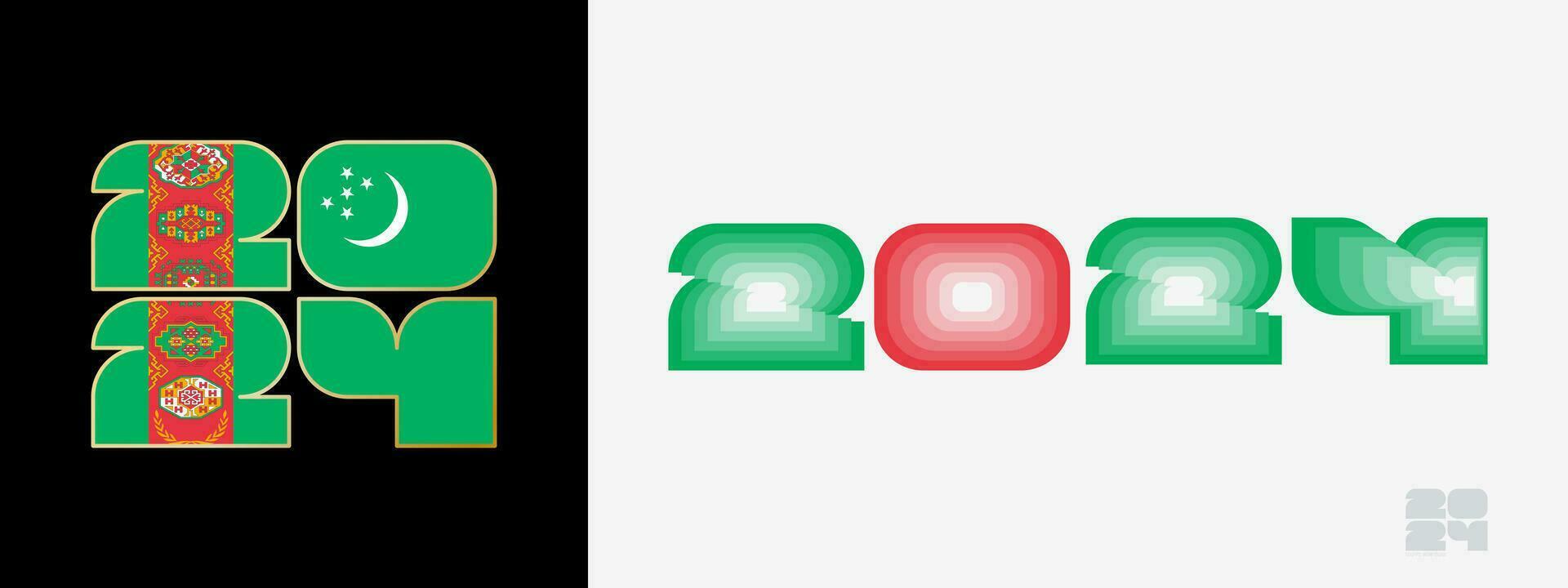 jaar 2024 met vlag van turkmenistan en in kleur gehemelte van turkmenistan vlag. gelukkig nieuw jaar 2024 in twee verschillend stijl. vector