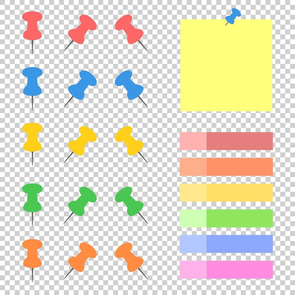 een set gekleurde kleverige bladwijzers en office-knoppen. een eenvoudige platte vectorillustratie geïsoleerd op een transparante achtergrond. vector