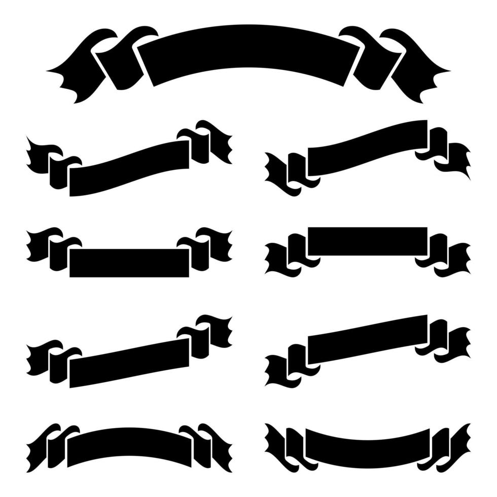 een set van platte zwarte geïsoleerde silhouetten van linten banners op een witte achtergrond vector