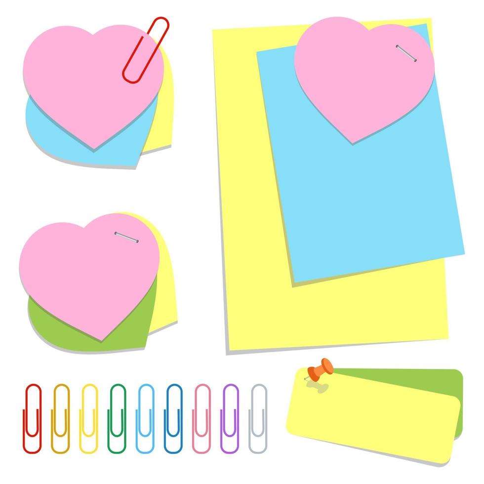 een set gekleurde kantoorkleverige vellen in verschillende vormen, push pins en clips. eenvoudige platte vectorillustratie geïsoleerd op een witte achtergrond. vector