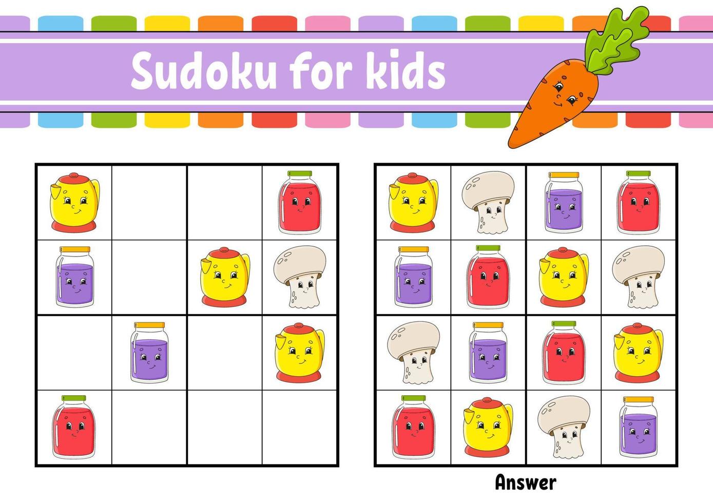 sudoku voor kinderen. onderwijs ontwikkelen werkblad. activiteitenpagina met foto's. puzzelspel voor kinderen. logisch denken opleiding. geïsoleerde vectorillustratie. grappig karakter. cartoon-stijl. vector