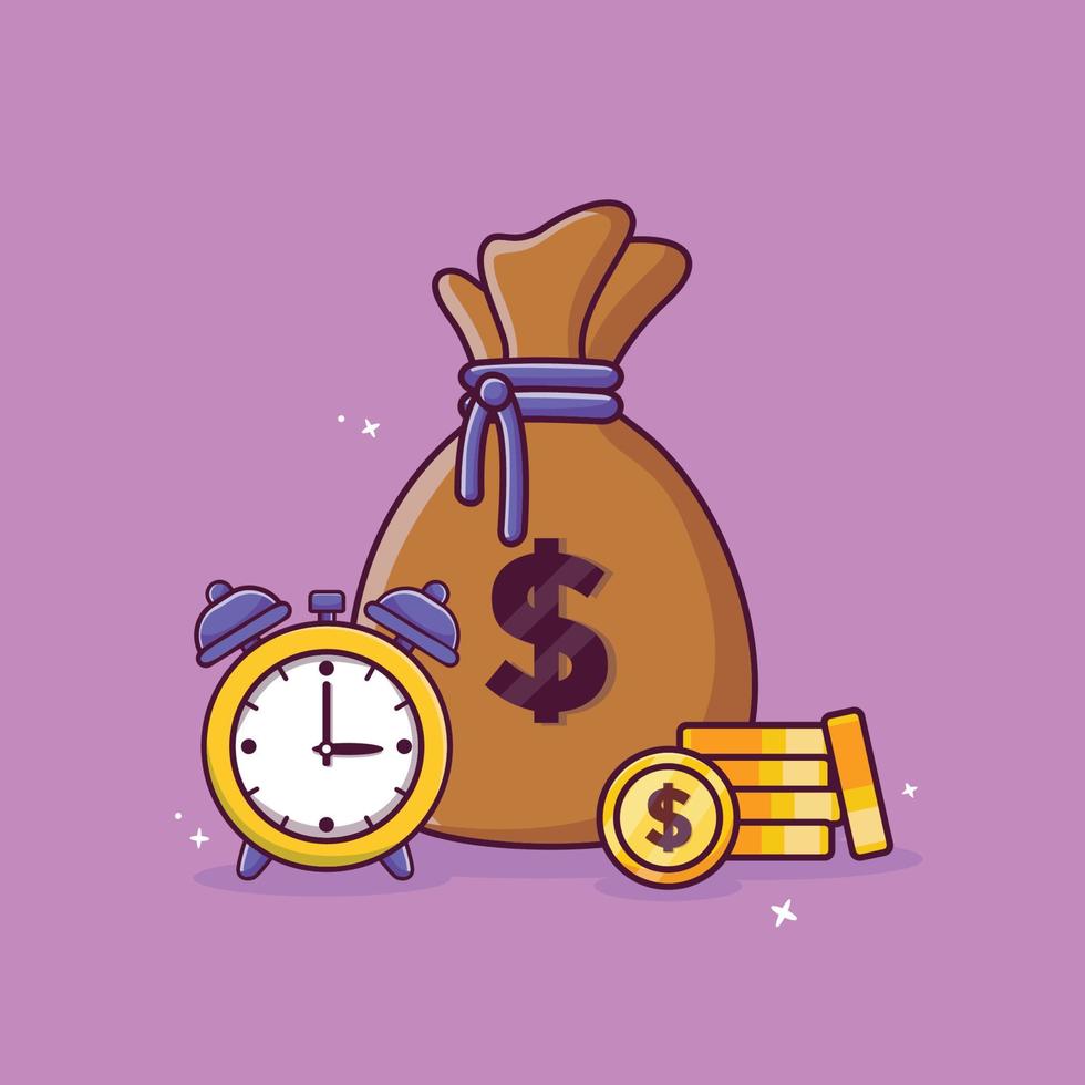 geldzak, contant geldmunten, geld en klok. betaling pictogram cartoon. tijd is geld achtergrond concept. vector
